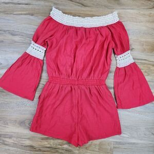 🍑Cals Coral & Cream Long Bell Sleeve Romper Shorts Large